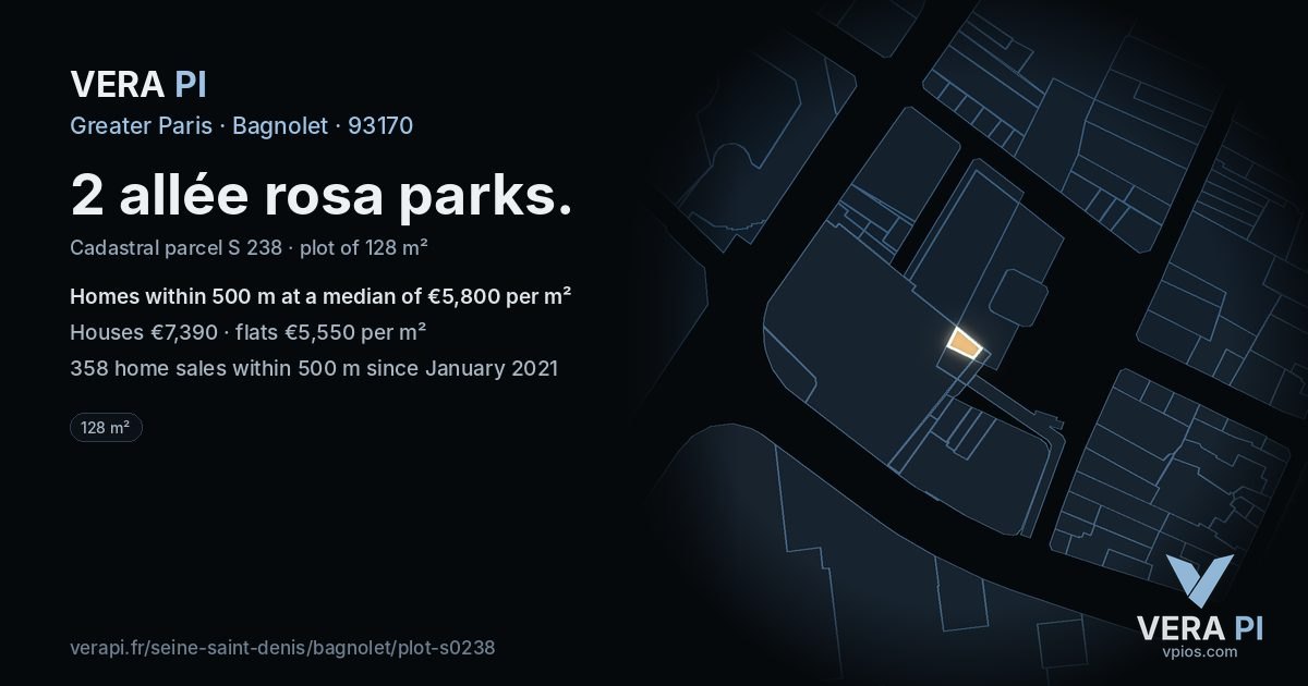 2 allée rosa parks, Bagnolet at night – the plot lit, the parcels around coloured by the prices near them