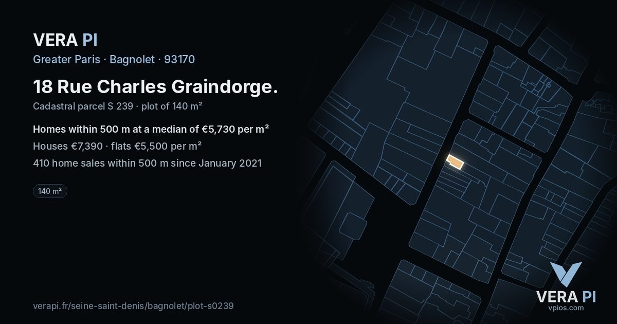 18 Rue Charles Graindorge, Bagnolet at night – the plot lit, the parcels around coloured by the prices near them