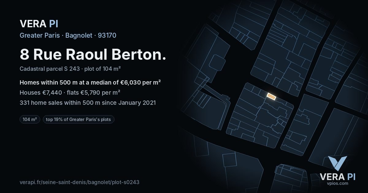 8 Rue Raoul Berton, Bagnolet at night – the plot lit, the parcels around coloured by the prices near them