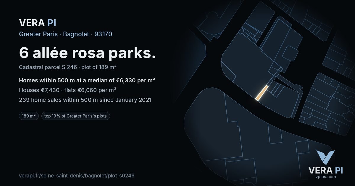 6 allée rosa parks, Bagnolet at night – the plot lit, the parcels around coloured by the prices near them