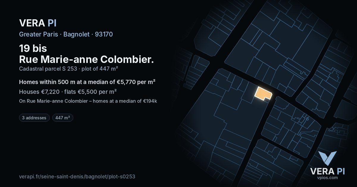 19 bis Rue Marie-anne Colombier, Bagnolet at night – the plot lit, the parcels around coloured by the prices near them