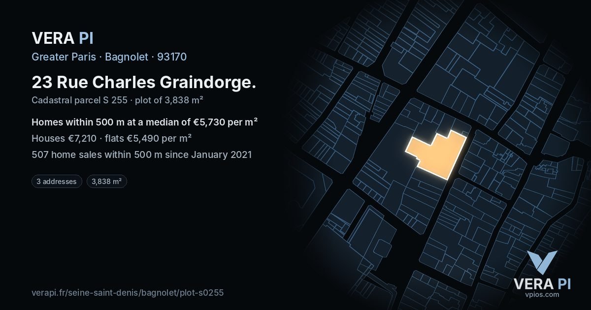 23 Rue Charles Graindorge, Bagnolet at night – the plot lit, the parcels around coloured by the prices near them