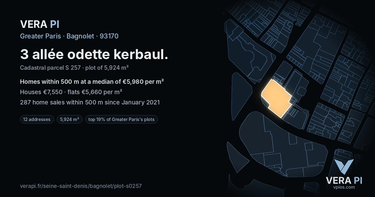 3 allée odette kerbaul, Bagnolet at night – the plot lit, the parcels around coloured by the prices near them