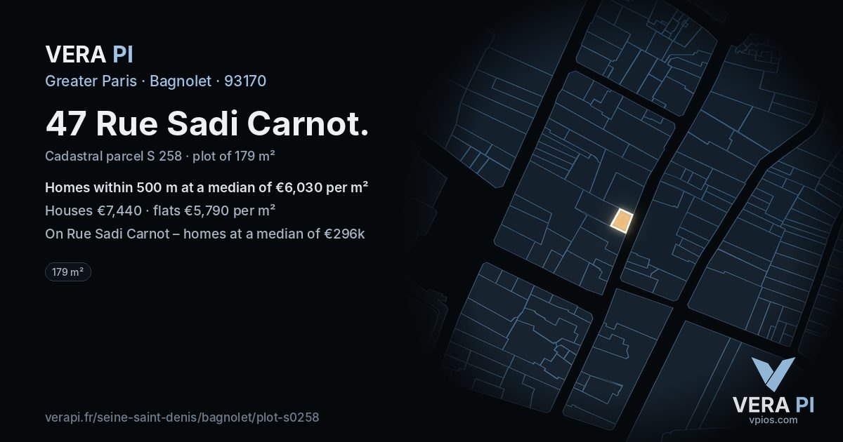 47 Rue Sadi Carnot, Bagnolet at night – the plot lit, the parcels around coloured by the prices near them