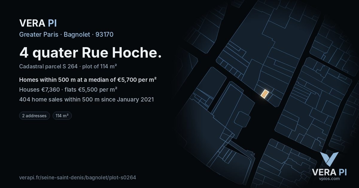 4 quater Rue Hoche, Bagnolet at night – the plot lit, the parcels around coloured by the prices near them