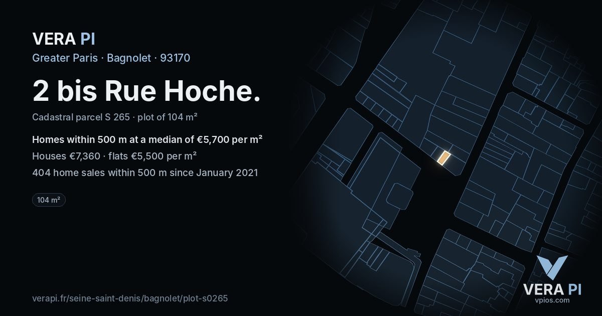 2 bis Rue Hoche, Bagnolet at night – the plot lit, the parcels around coloured by the prices near them