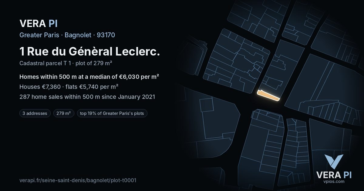 1 Rue du Génèral Leclerc, Bagnolet at night – the plot lit, the parcels around coloured by the prices near them