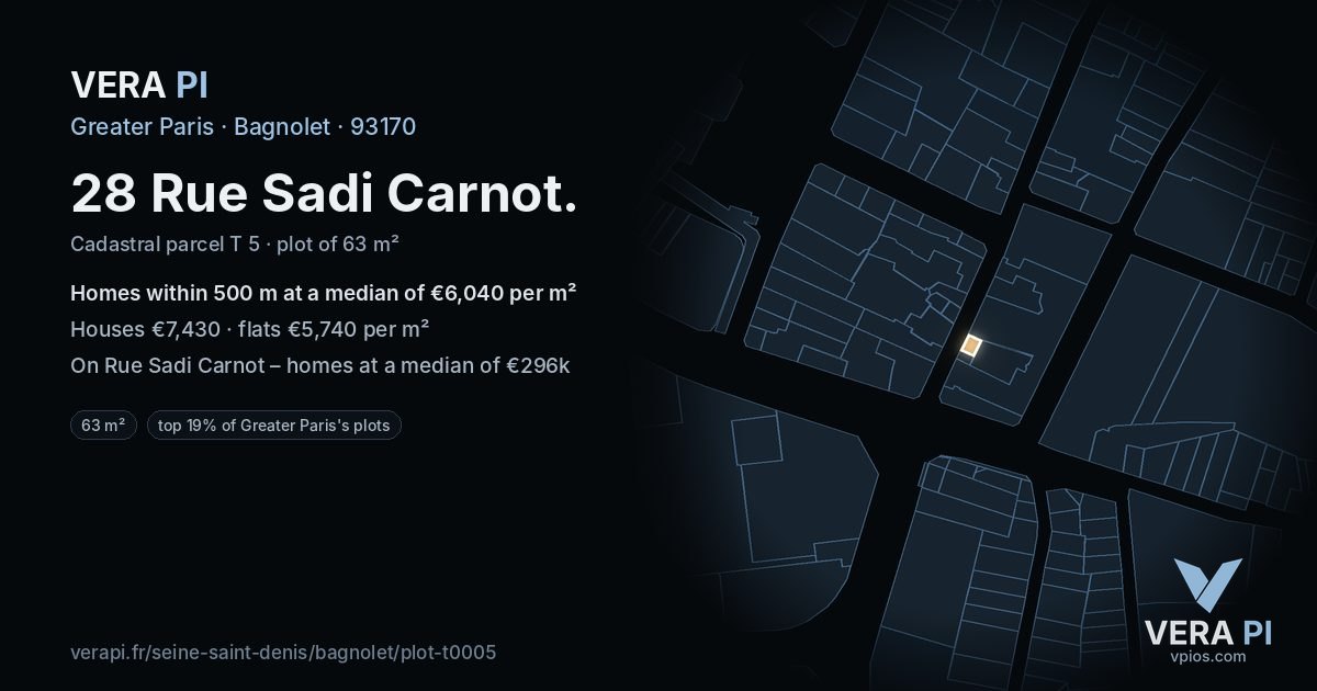 28 Rue Sadi Carnot, Bagnolet at night – the plot lit, the parcels around coloured by the prices near them
