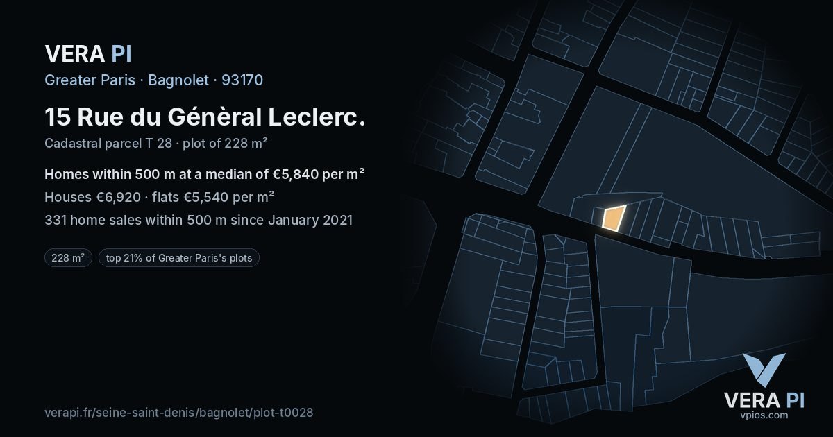 15 Rue du Génèral Leclerc, Bagnolet at night – the plot lit, the parcels around coloured by the prices near them