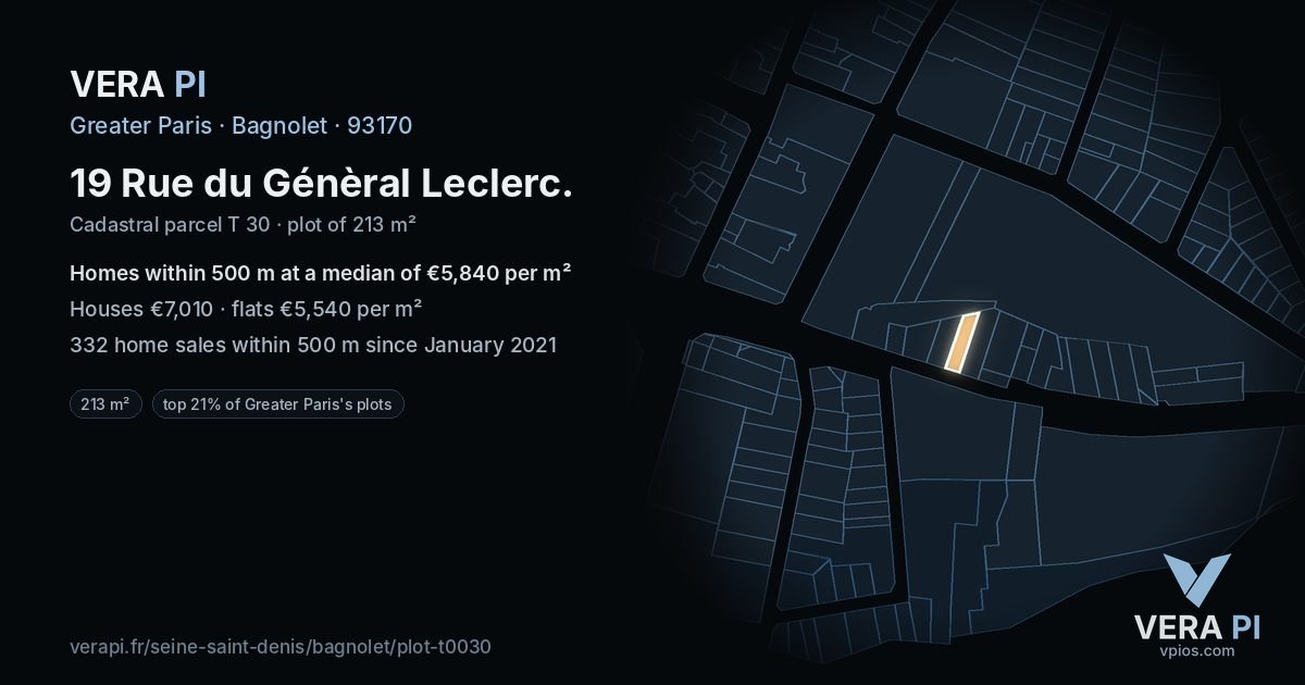 19 Rue du Génèral Leclerc, Bagnolet at night – the plot lit, the parcels around coloured by the prices near them