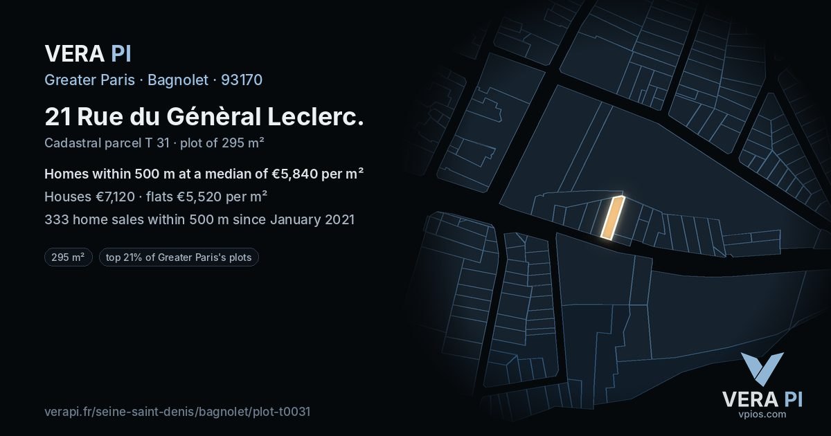 21 Rue du Génèral Leclerc, Bagnolet at night – the plot lit, the parcels around coloured by the prices near them