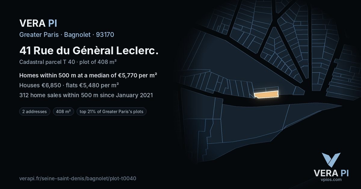 41 Rue du Génèral Leclerc, Bagnolet at night – the plot lit, the parcels around coloured by the prices near them