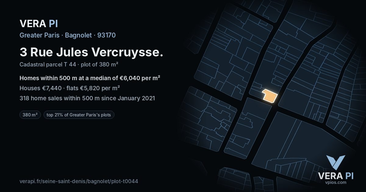 3 Rue Jules Vercruysse, Bagnolet at night – the plot lit, the parcels around coloured by the prices near them