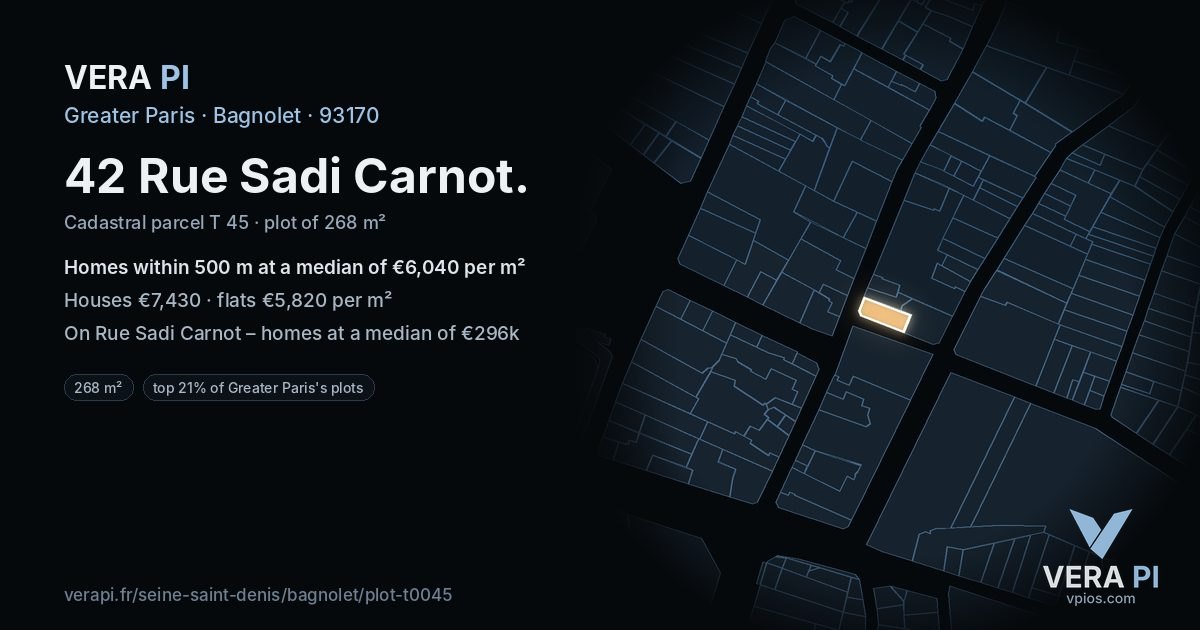 42 Rue Sadi Carnot, Bagnolet at night – the plot lit, the parcels around coloured by the prices near them
