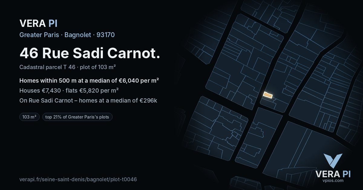46 Rue Sadi Carnot, Bagnolet at night – the plot lit, the parcels around coloured by the prices near them