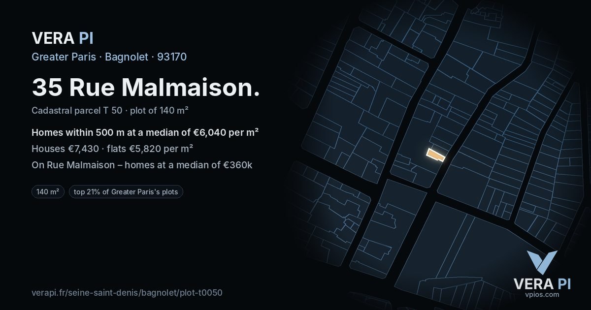 35 Rue Malmaison, Bagnolet at night – the plot lit, the parcels around coloured by the prices near them