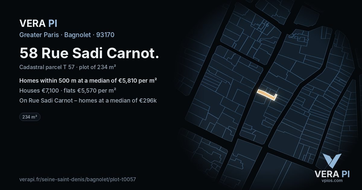 58 Rue Sadi Carnot, Bagnolet at night – the plot lit, the parcels around coloured by the prices near them