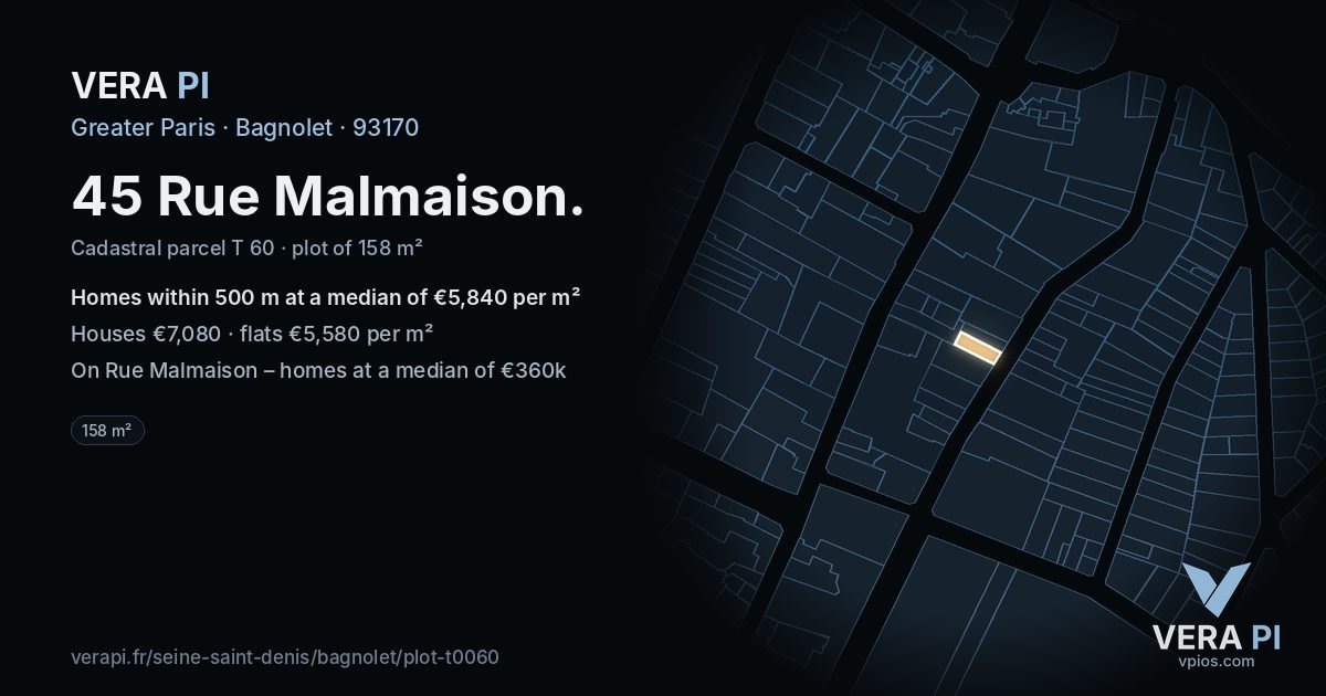 45 Rue Malmaison, Bagnolet at night – the plot lit, the parcels around coloured by the prices near them