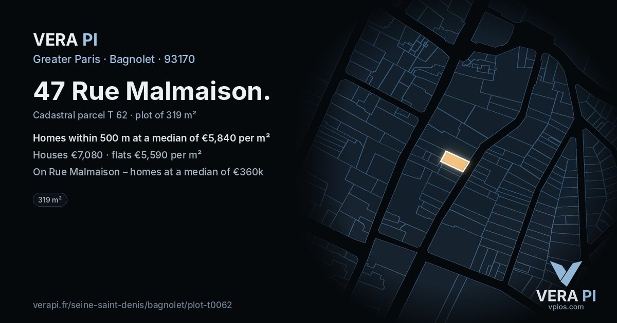 47 Rue Malmaison, Bagnolet at night – the plot lit, the parcels around coloured by the prices near them