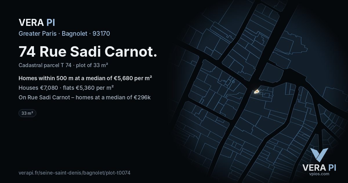 74 Rue Sadi Carnot, Bagnolet at night – the plot lit, the parcels around coloured by the prices near them