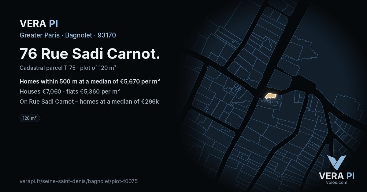 76 Rue Sadi Carnot, Bagnolet at night – the plot lit, the parcels around coloured by the prices near them
