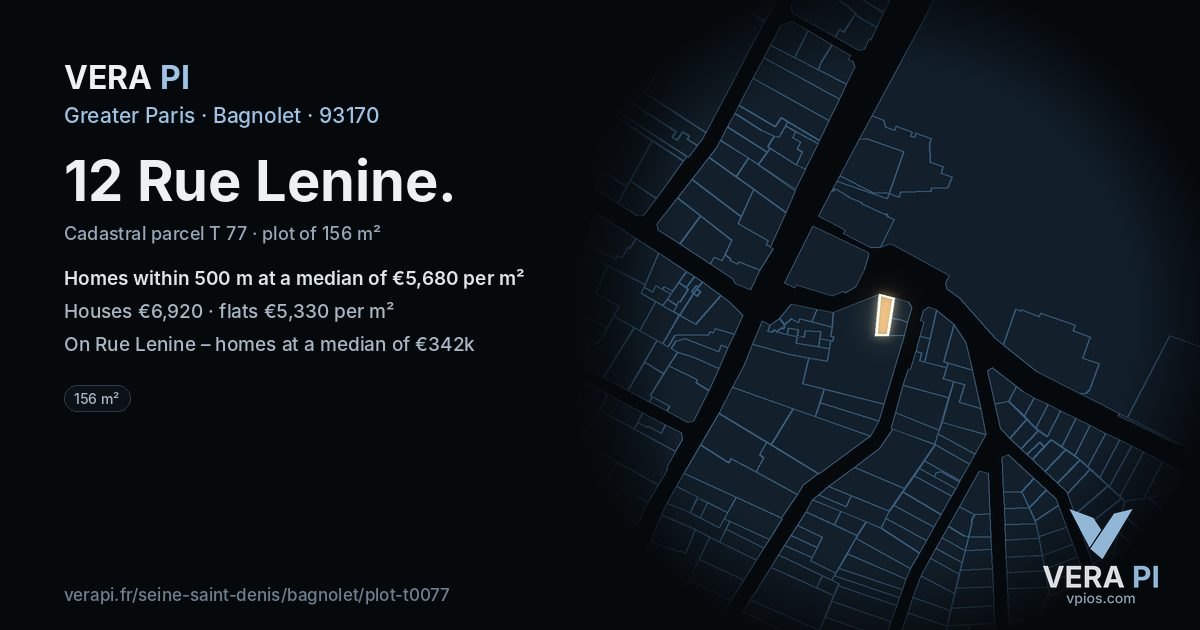 12 Rue Lenine, Bagnolet at night – the plot lit, the parcels around coloured by the prices near them