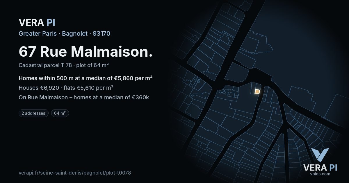 67 Rue Malmaison, Bagnolet at night – the plot lit, the parcels around coloured by the prices near them