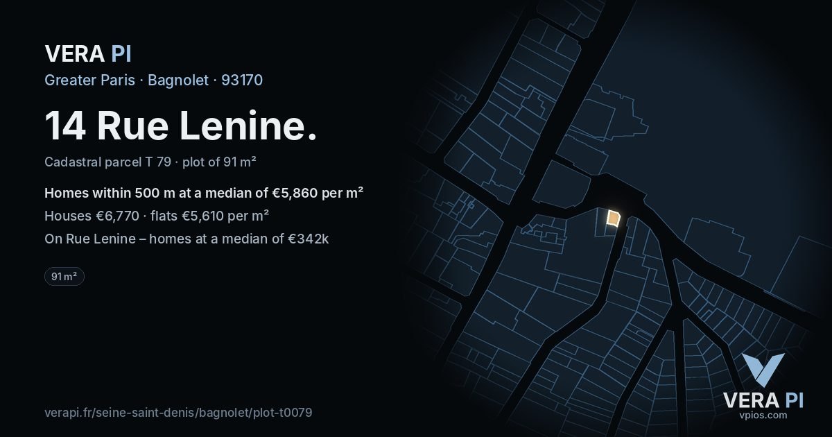 14 Rue Lenine, Bagnolet at night – the plot lit, the parcels around coloured by the prices near them