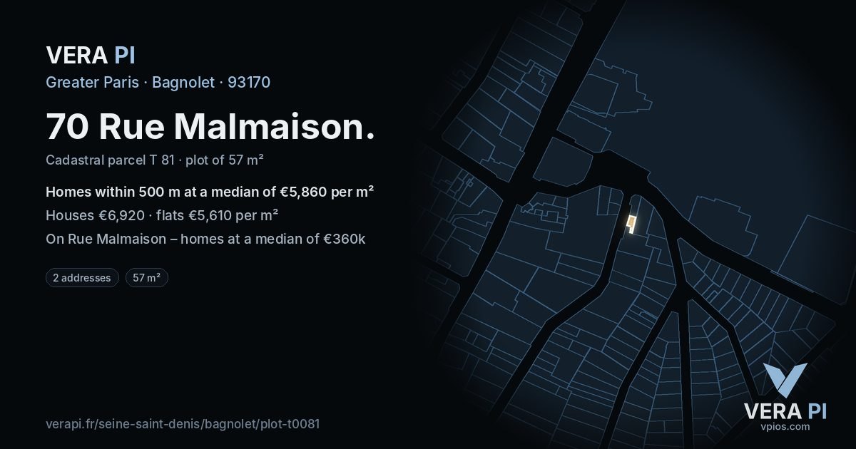 70 Rue Malmaison, Bagnolet at night – the plot lit, the parcels around coloured by the prices near them