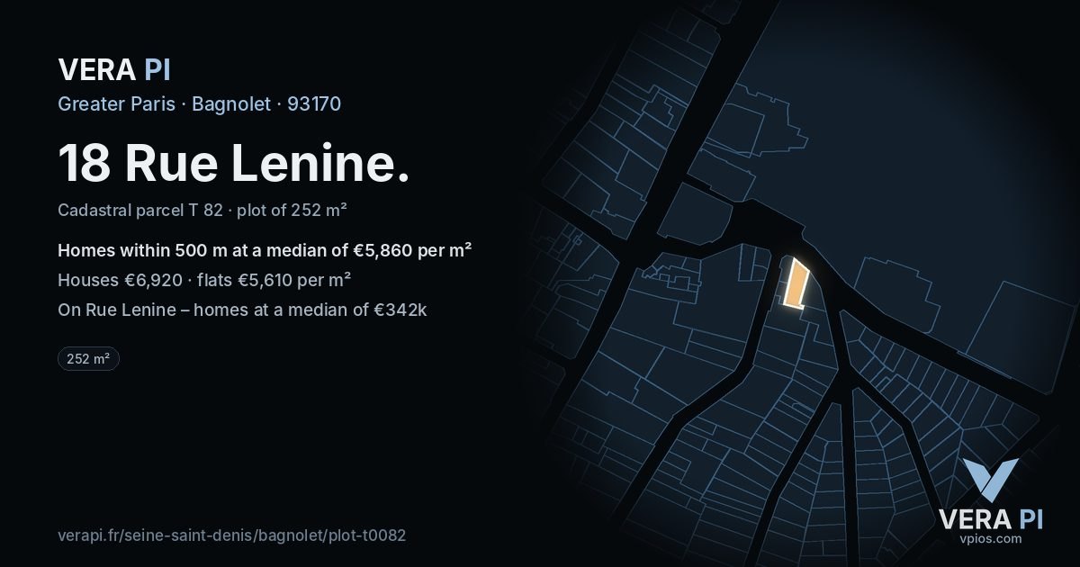 18 Rue Lenine, Bagnolet at night – the plot lit, the parcels around coloured by the prices near them