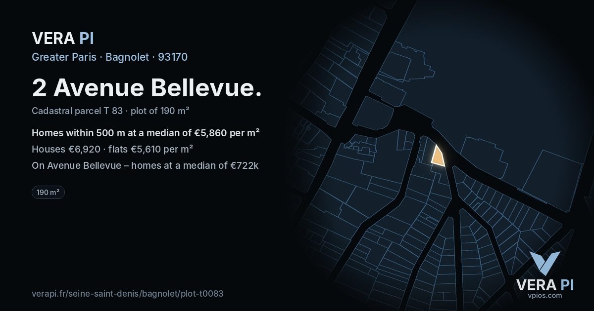 2 Avenue Bellevue, Bagnolet at night – the plot lit, the parcels around coloured by the prices near them