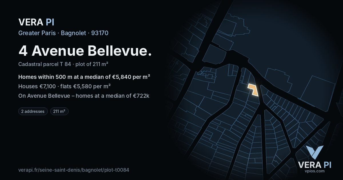 4 Avenue Bellevue, Bagnolet at night – the plot lit, the parcels around coloured by the prices near them