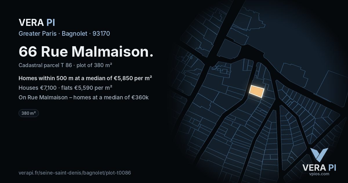 66 Rue Malmaison, Bagnolet at night – the plot lit, the parcels around coloured by the prices near them