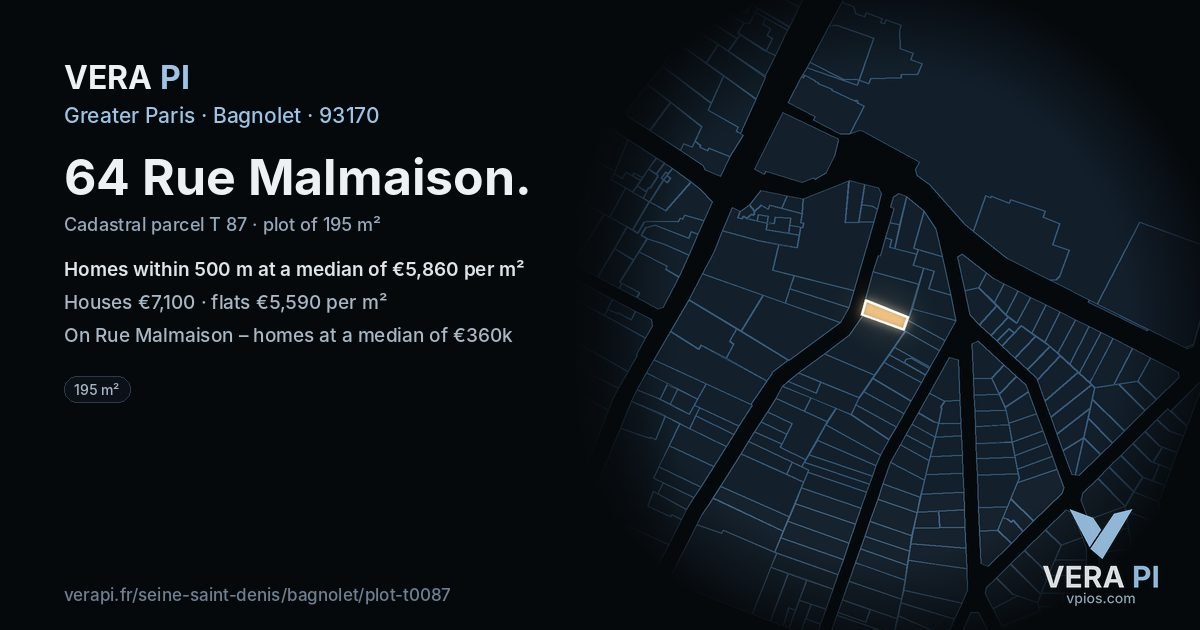 64 Rue Malmaison, Bagnolet at night – the plot lit, the parcels around coloured by the prices near them