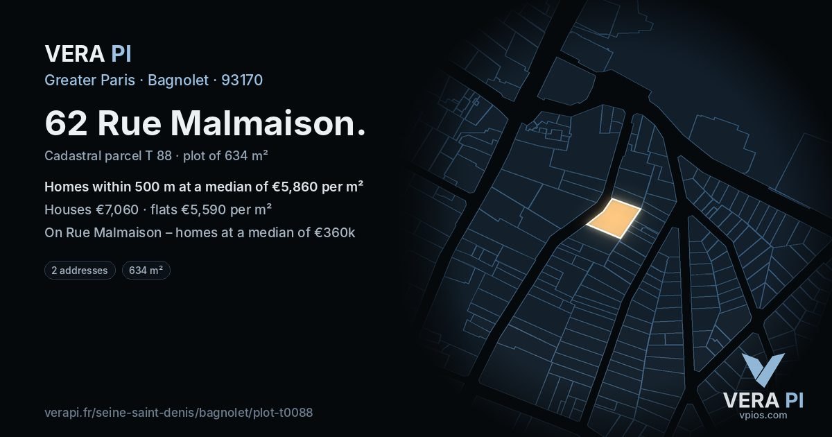 62 Rue Malmaison, Bagnolet at night – the plot lit, the parcels around coloured by the prices near them