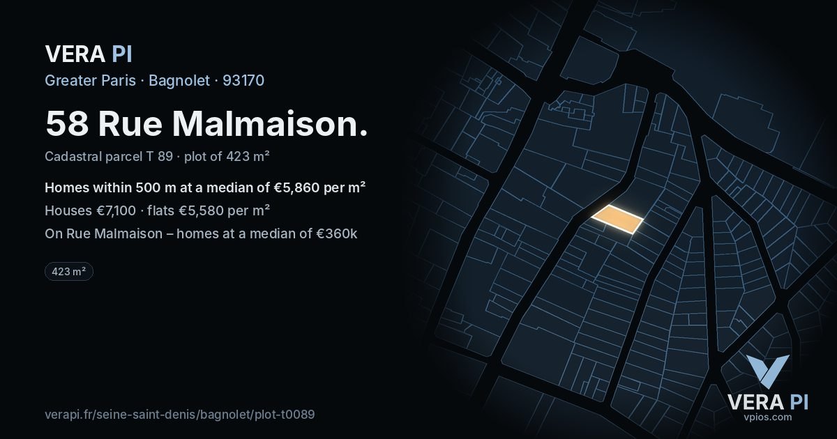 58 Rue Malmaison, Bagnolet at night – the plot lit, the parcels around coloured by the prices near them