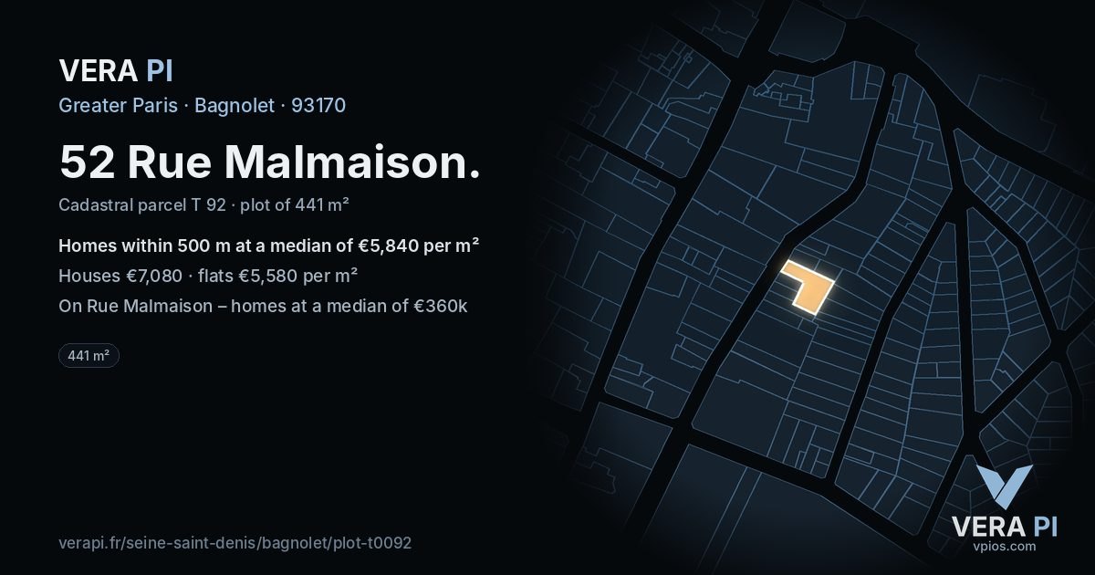 52 Rue Malmaison, Bagnolet at night – the plot lit, the parcels around coloured by the prices near them