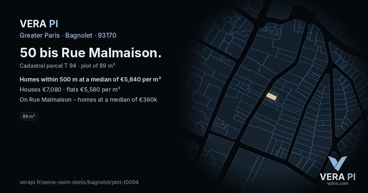 50 bis Rue Malmaison, Bagnolet at night – the plot lit, the parcels around coloured by the prices near them