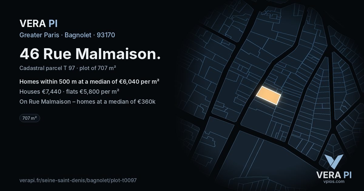 46 Rue Malmaison, Bagnolet at night – the plot lit, the parcels around coloured by the prices near them