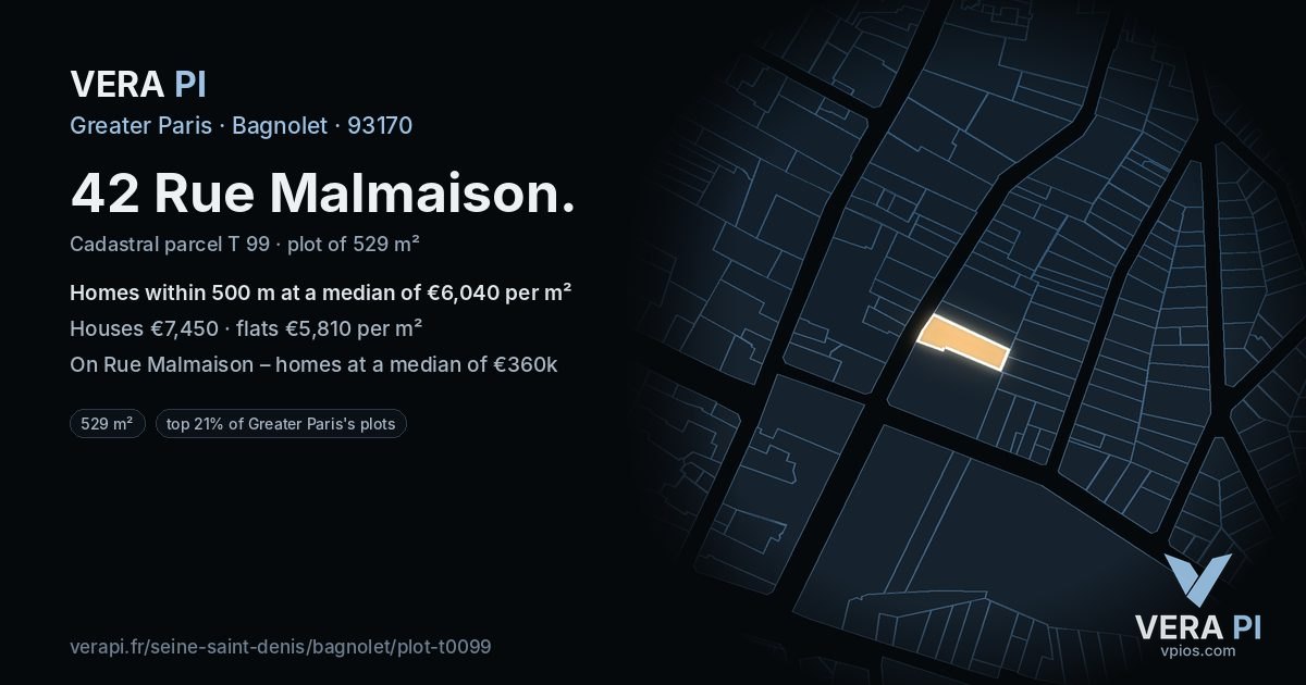 42 Rue Malmaison, Bagnolet at night – the plot lit, the parcels around coloured by the prices near them