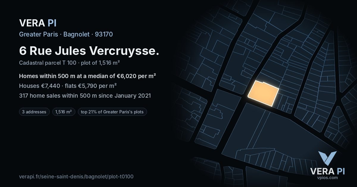 6 Rue Jules Vercruysse, Bagnolet at night – the plot lit, the parcels around coloured by the prices near them