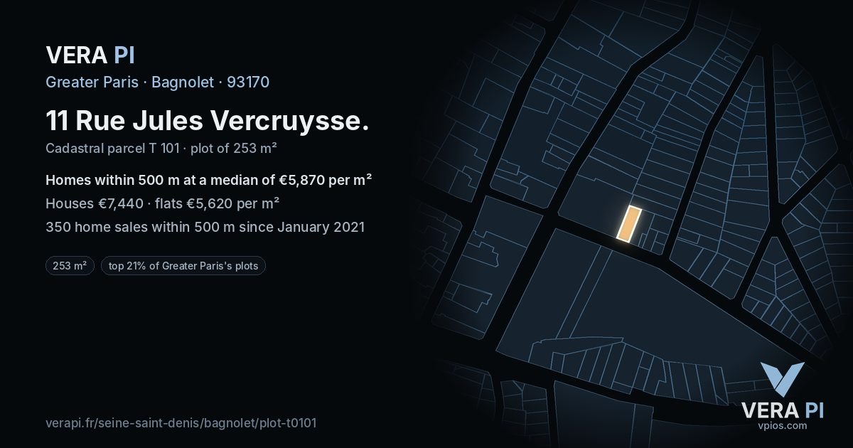 11 Rue Jules Vercruysse, Bagnolet at night – the plot lit, the parcels around coloured by the prices near them