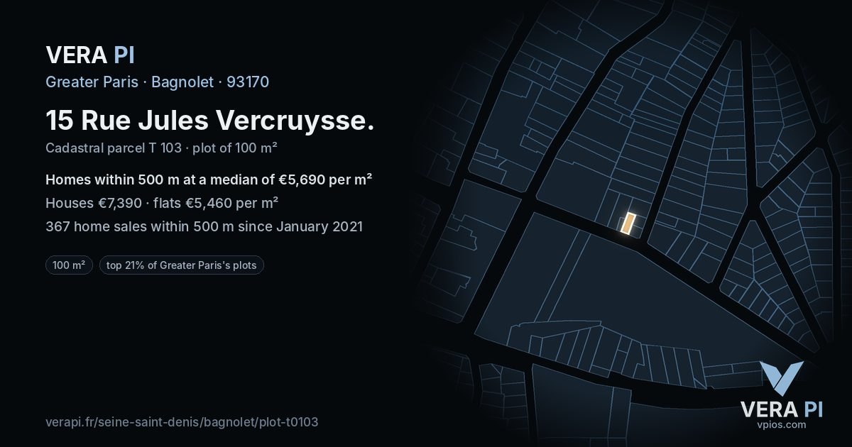 15 Rue Jules Vercruysse, Bagnolet at night – the plot lit, the parcels around coloured by the prices near them