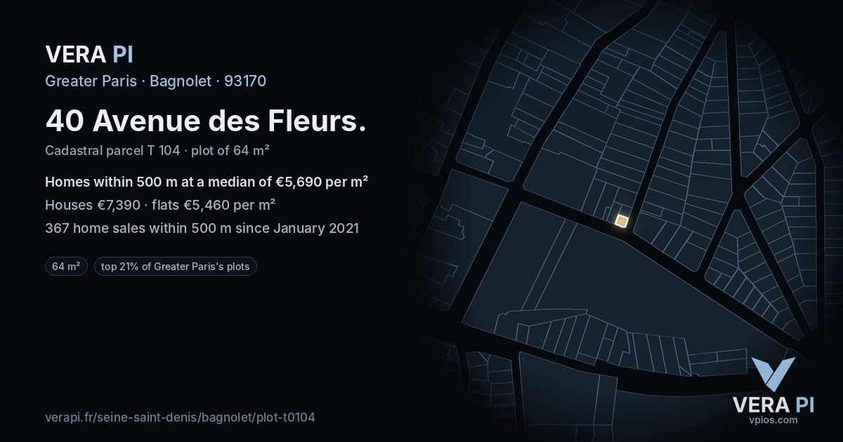 40 Avenue des Fleurs, Bagnolet at night – the plot lit, the parcels around coloured by the prices near them