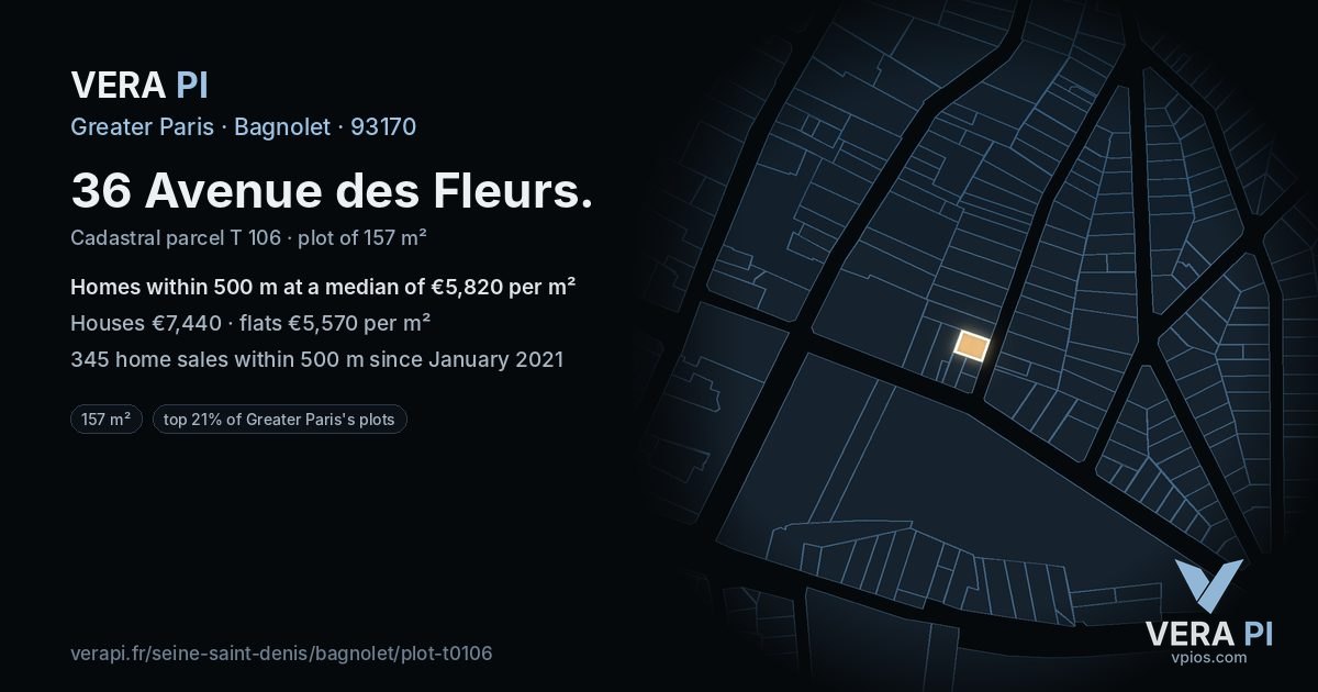36 Avenue des Fleurs, Bagnolet at night – the plot lit, the parcels around coloured by the prices near them