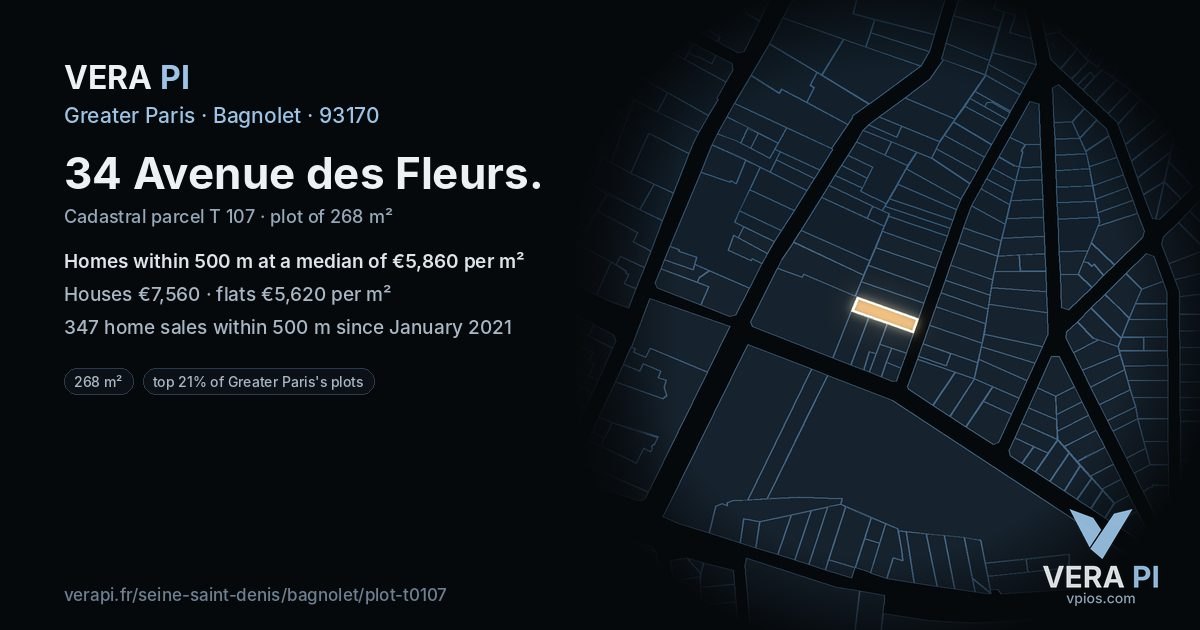 34 Avenue des Fleurs, Bagnolet at night – the plot lit, the parcels around coloured by the prices near them