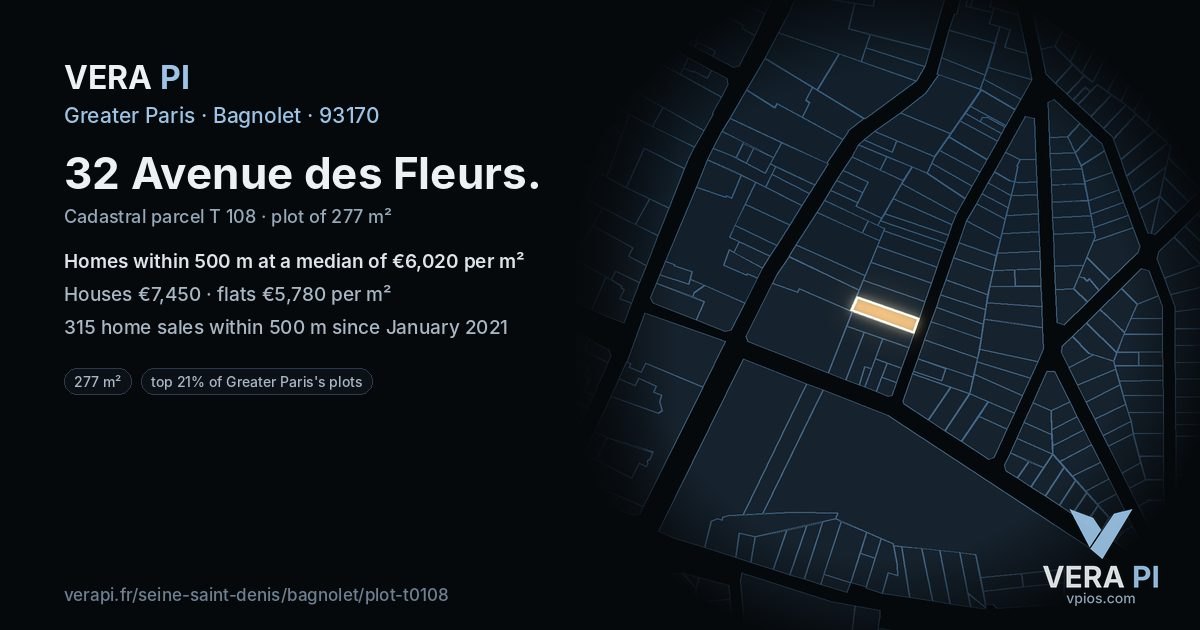 32 Avenue des Fleurs, Bagnolet at night – the plot lit, the parcels around coloured by the prices near them