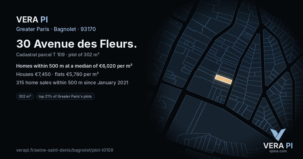 30 Avenue des Fleurs, Bagnolet at night – the plot lit, the parcels around coloured by the prices near them