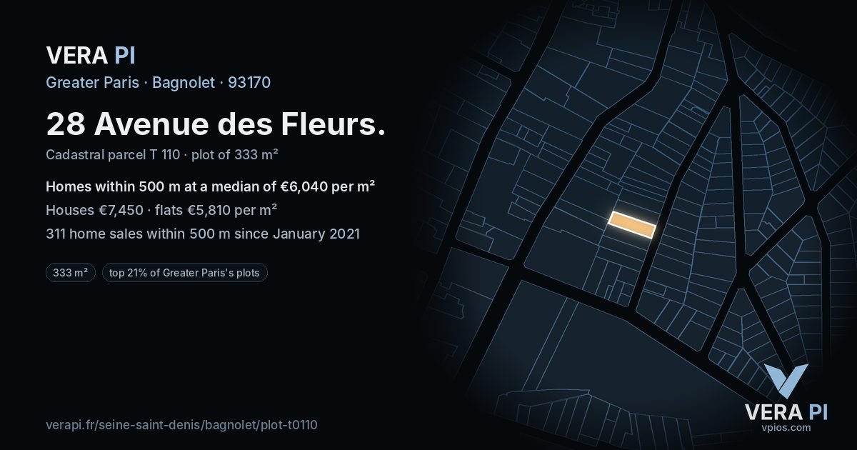 28 Avenue des Fleurs, Bagnolet at night – the plot lit, the parcels around coloured by the prices near them