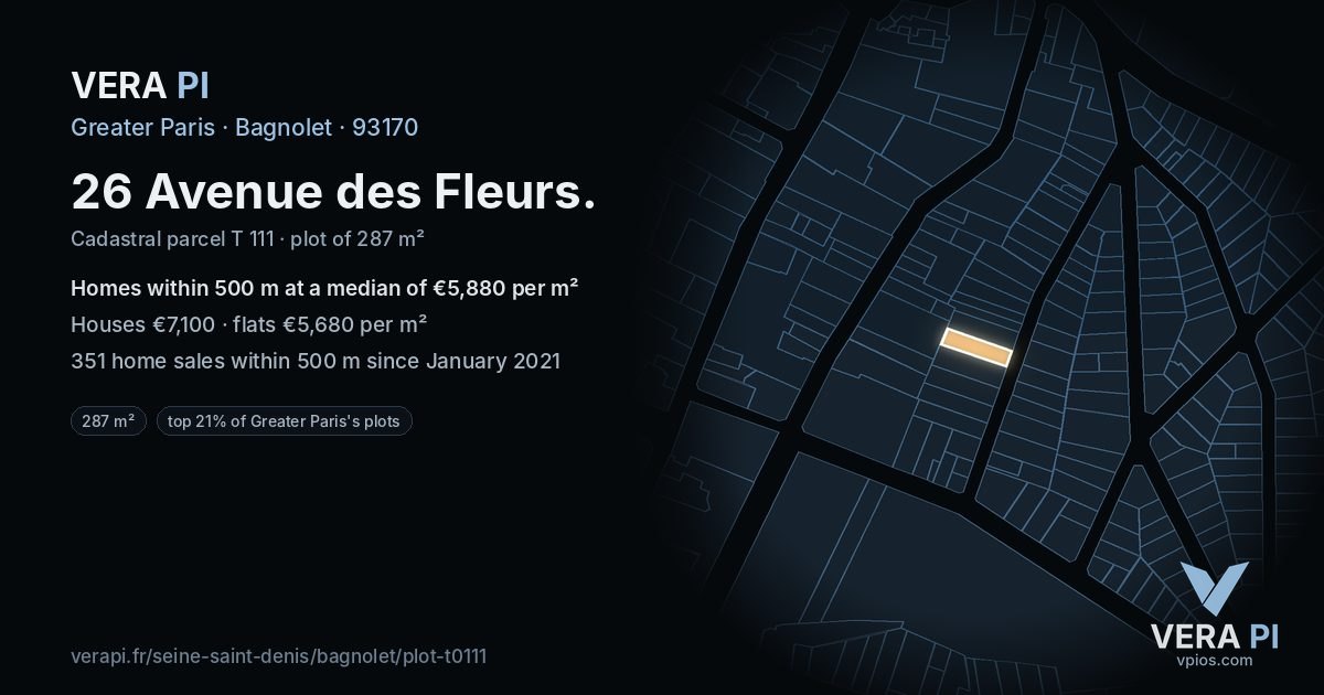 26 Avenue des Fleurs, Bagnolet at night – the plot lit, the parcels around coloured by the prices near them